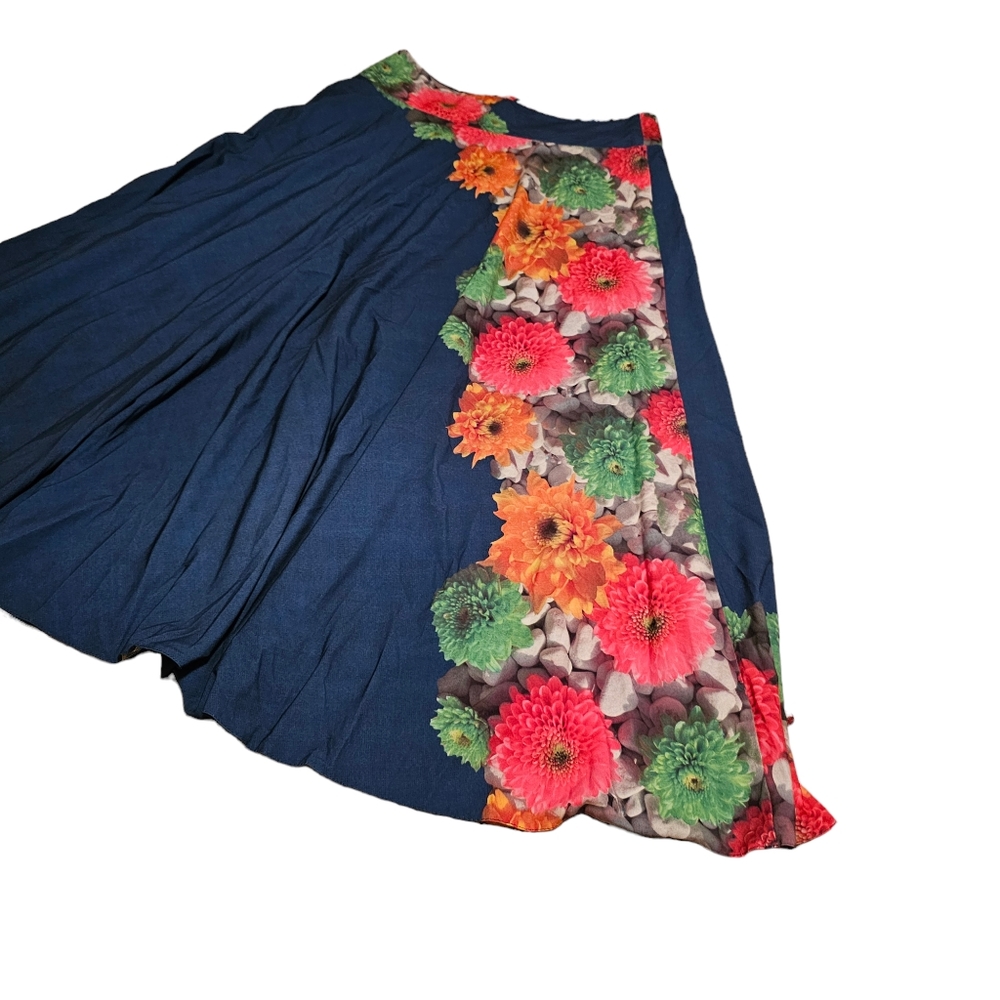 FEVROJ Flare Midi Skirt Floral Print Blue Flowy Tie Belt Women's  Large - Picture 6 of 16